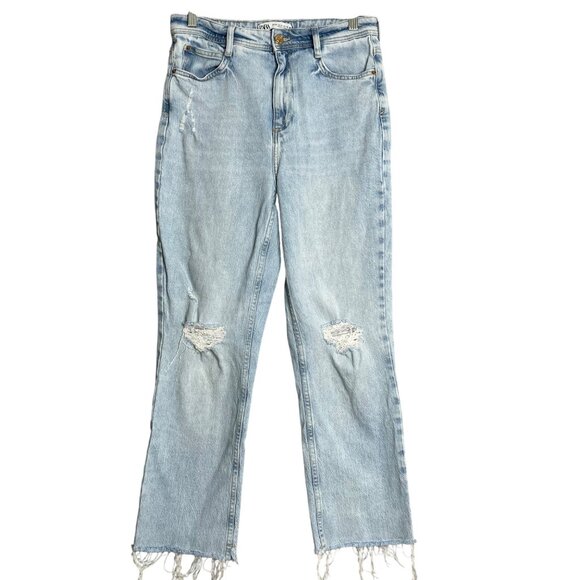 Zara Jeans Light Blue Womens‎ 8 High Rise Straight Leg Distressed Denim - Picture 1 of 10